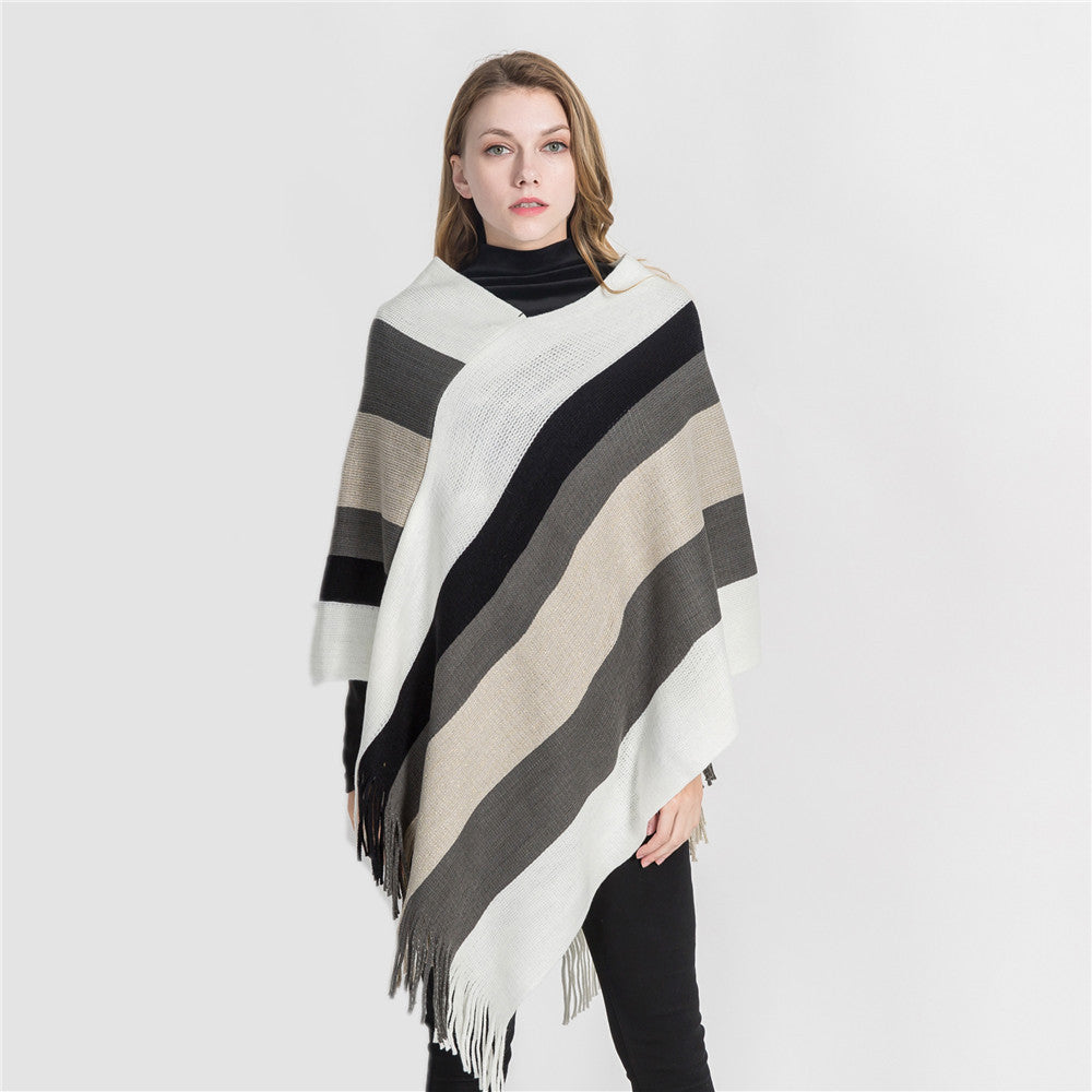 Striped color-blocked tassel ponchos-Massicos