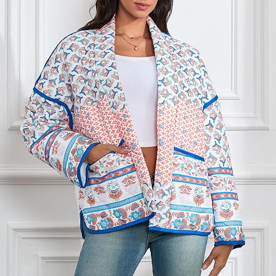 Lapel Printed Patchwork Quilted Thin Jacket-Massicos