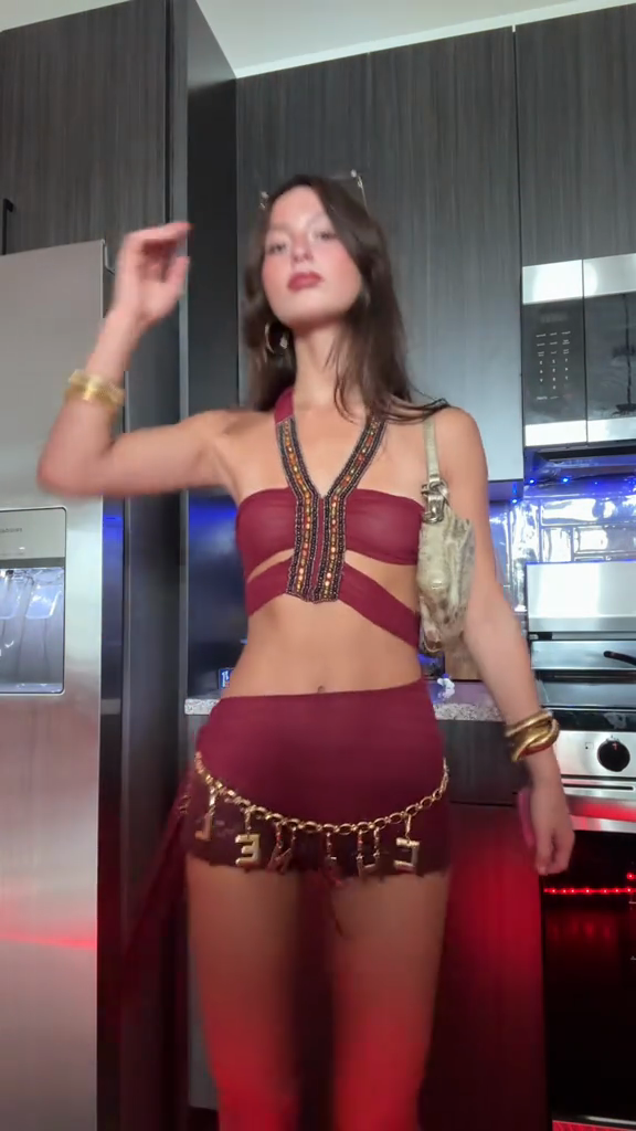 Burgundy Cut - Out Crop Top and Skirt Set with Chain Detail-ROVOLE