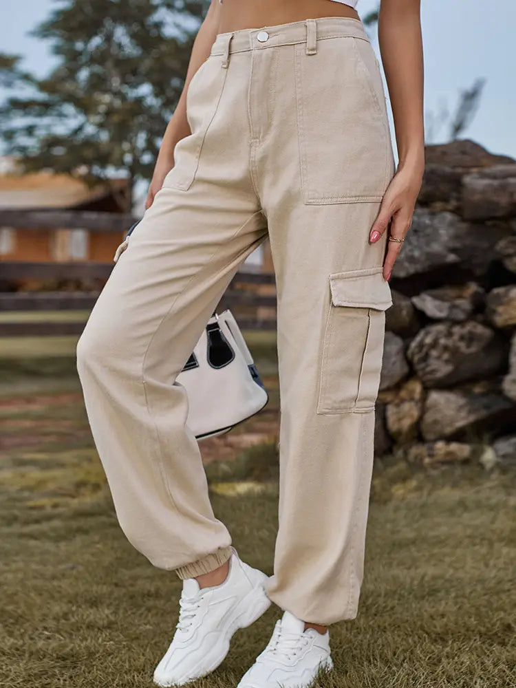 Elastic-Cuffed Versatile Cargo Denim Pants-Massicos