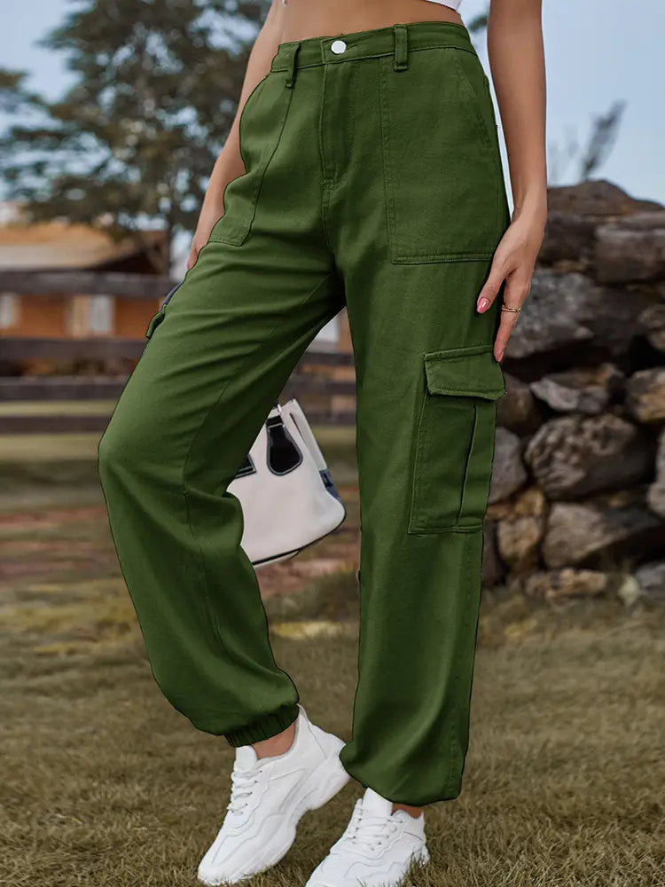 Elastic-Cuffed Versatile Cargo Denim Pants-Massicos