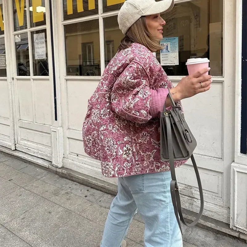 Street Retro Floral Print Style Quilted Jacket-Massicos