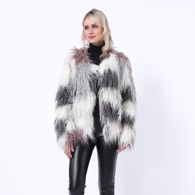 Color-blocked plush faux fur coats-Massicos