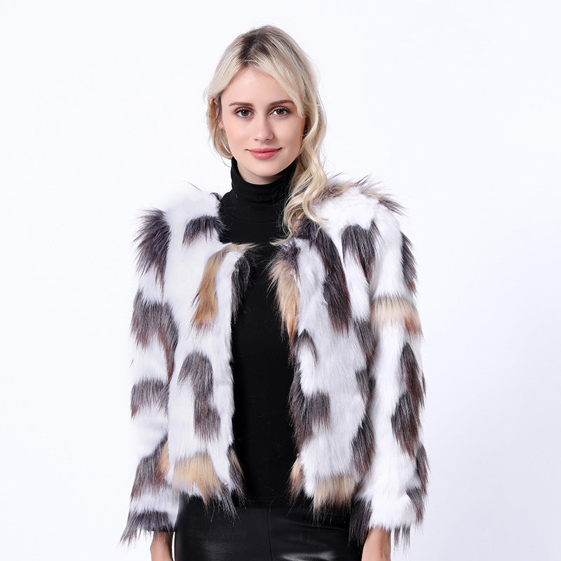 Color-blocked open front faux fur coats-Massicos