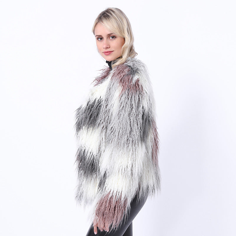 Color-blocked plush faux fur coats-Massicos