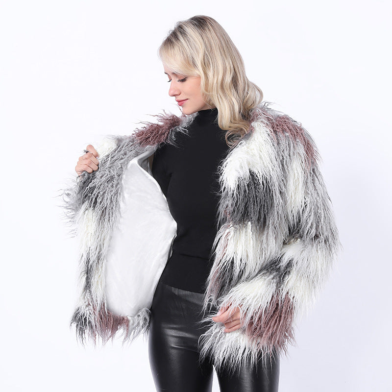Color-blocked plush faux fur coats-Massicos