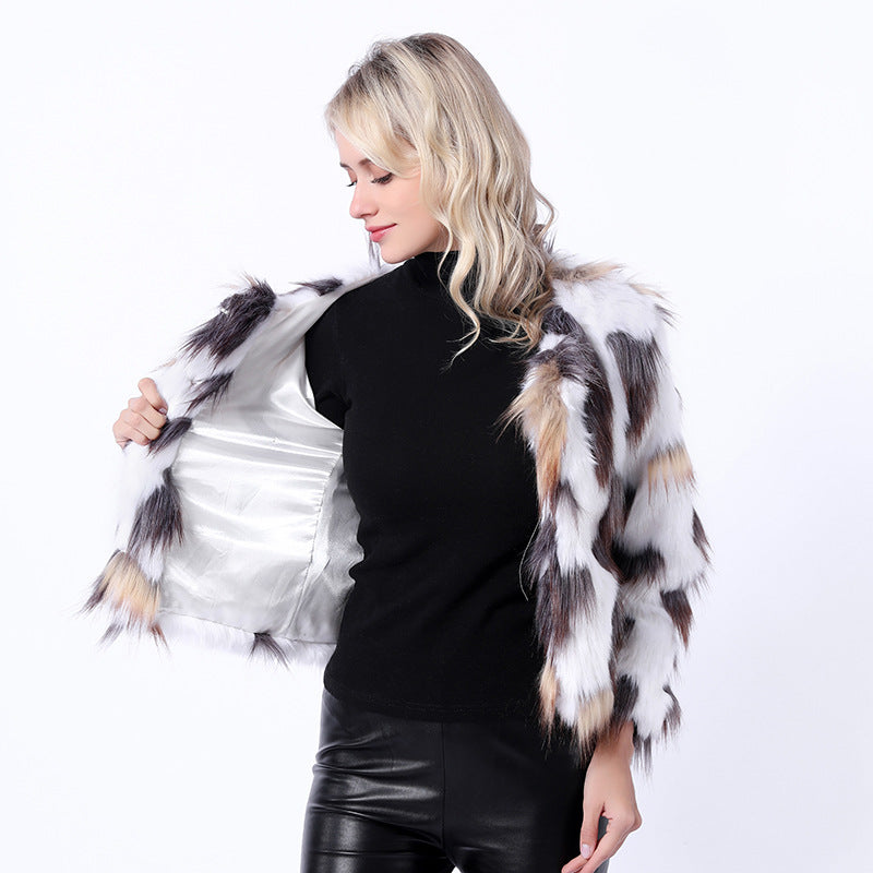 Color-blocked open front faux fur coats-Massicos