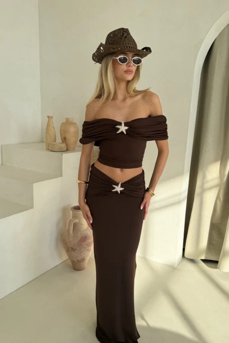 Off Shoulder Ruched Slit Tube Maxi Skirt Set-ROVOLE