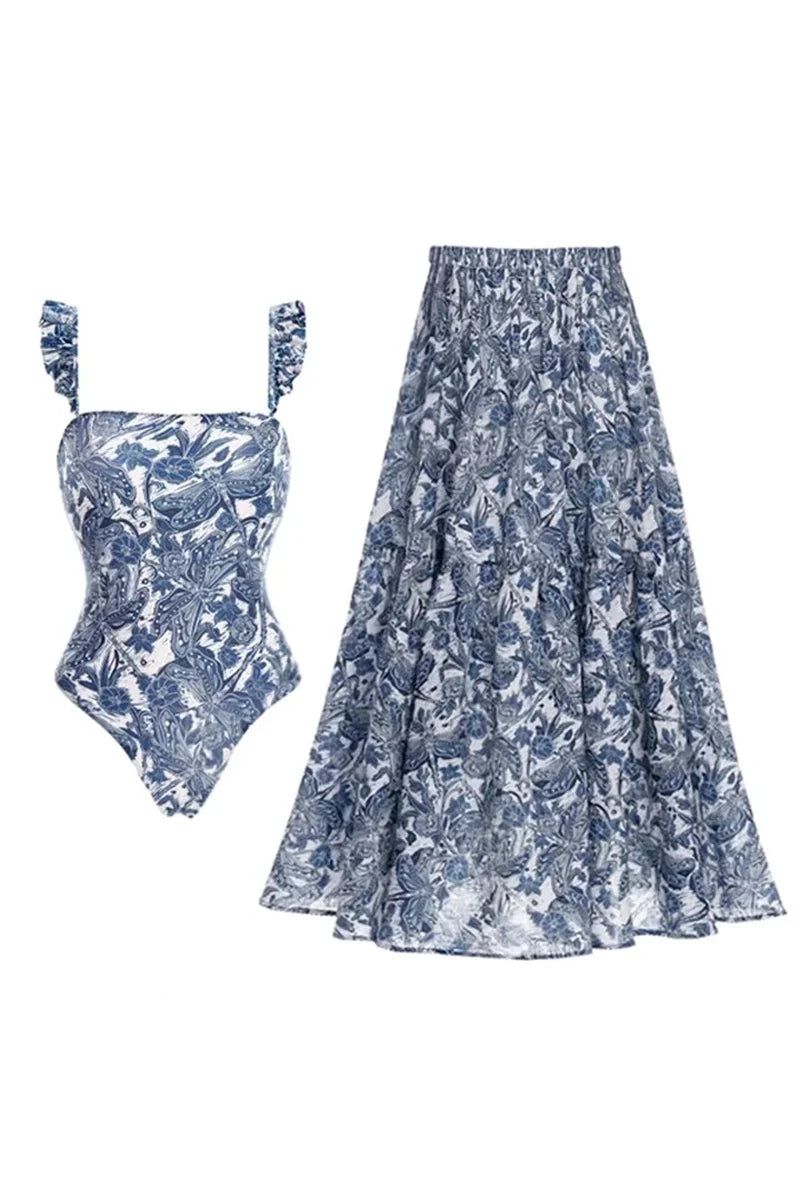 Blue Dragonfly Ruffle Skirt Swimsuit Set-ROVOLE