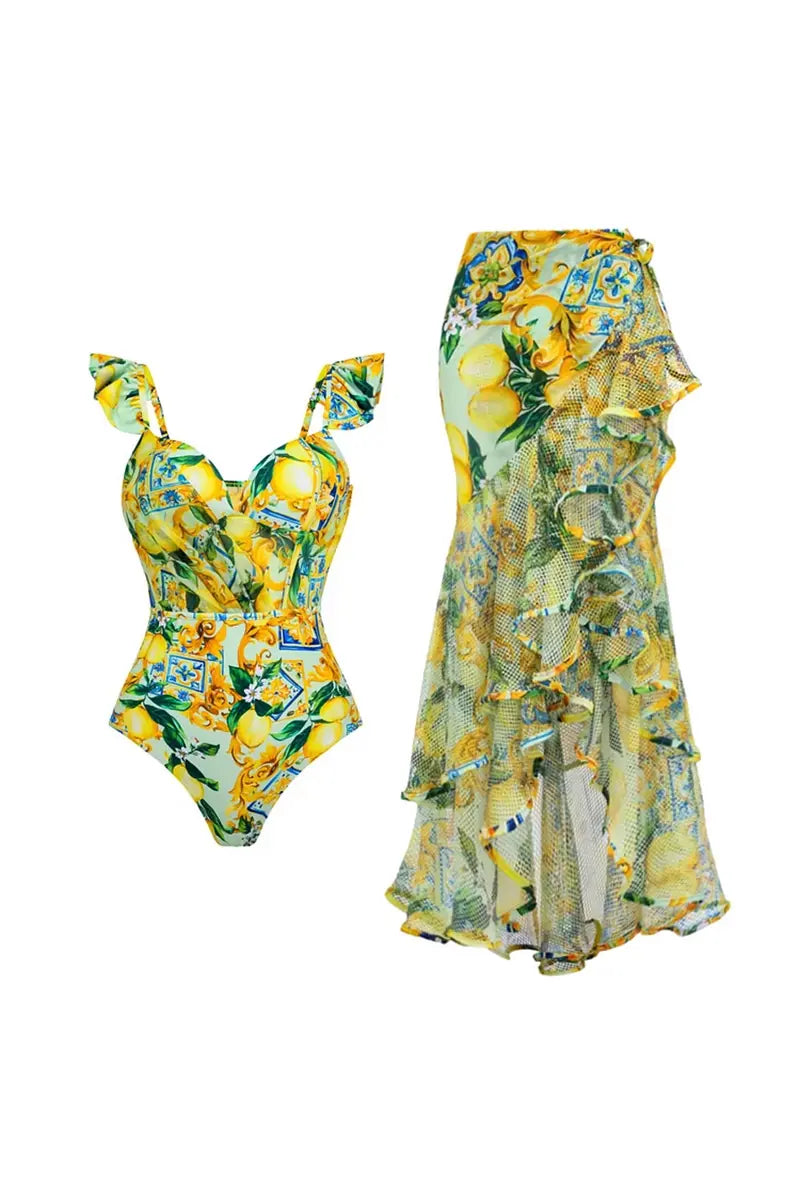 Mesh Lemon Print Swimsuit Set-ROVOLE