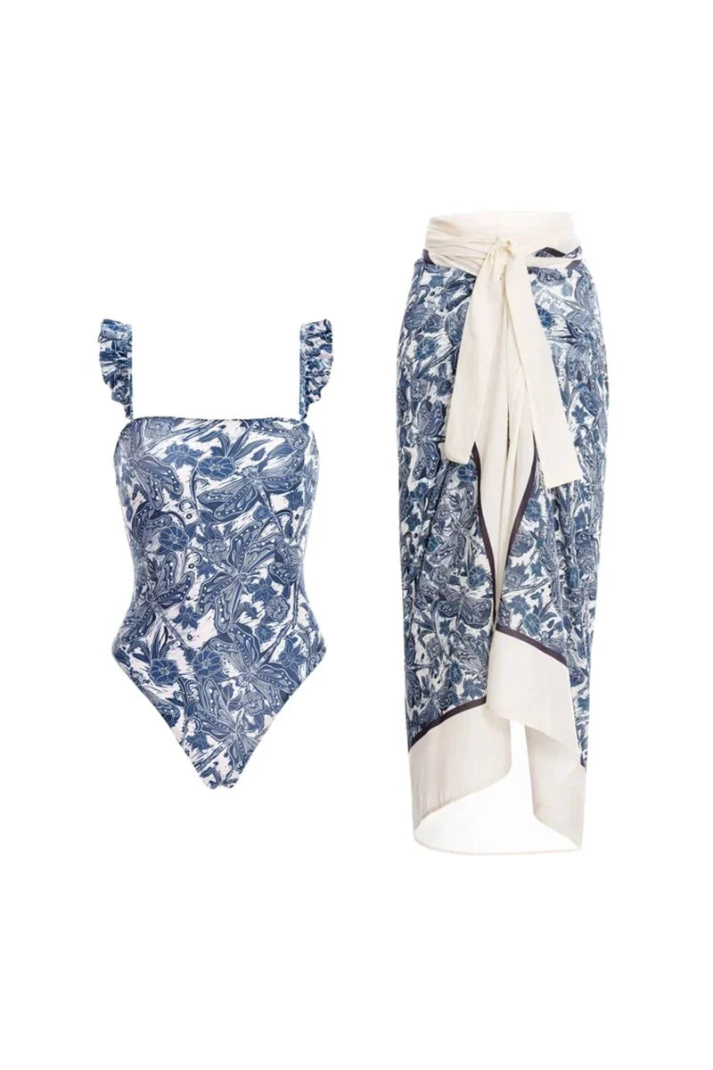 Blue Dragonfly Ruffle One-Piece Swimsuit-ROVOLE