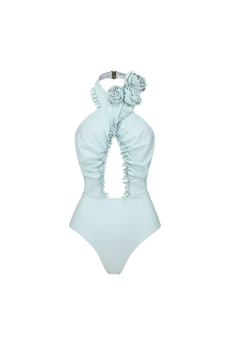 Halter Backless Swimsuit with 3D Floral Set-ROVOLE