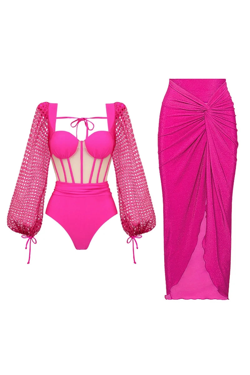 Fluorescent Pink Backless Swimsuit Set-ROVOLE