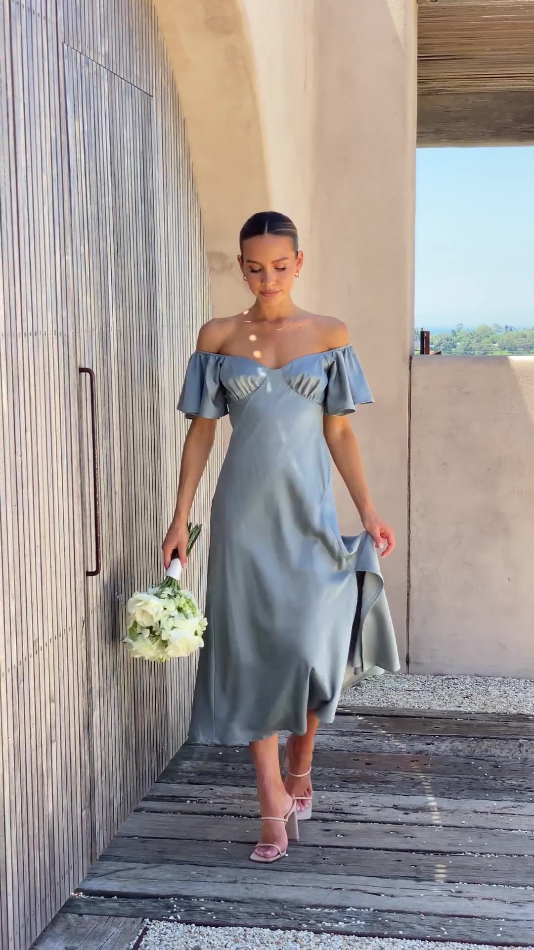 Side Split Midi Dress: Off The Shoulder Flutter Sleeve-Massicos