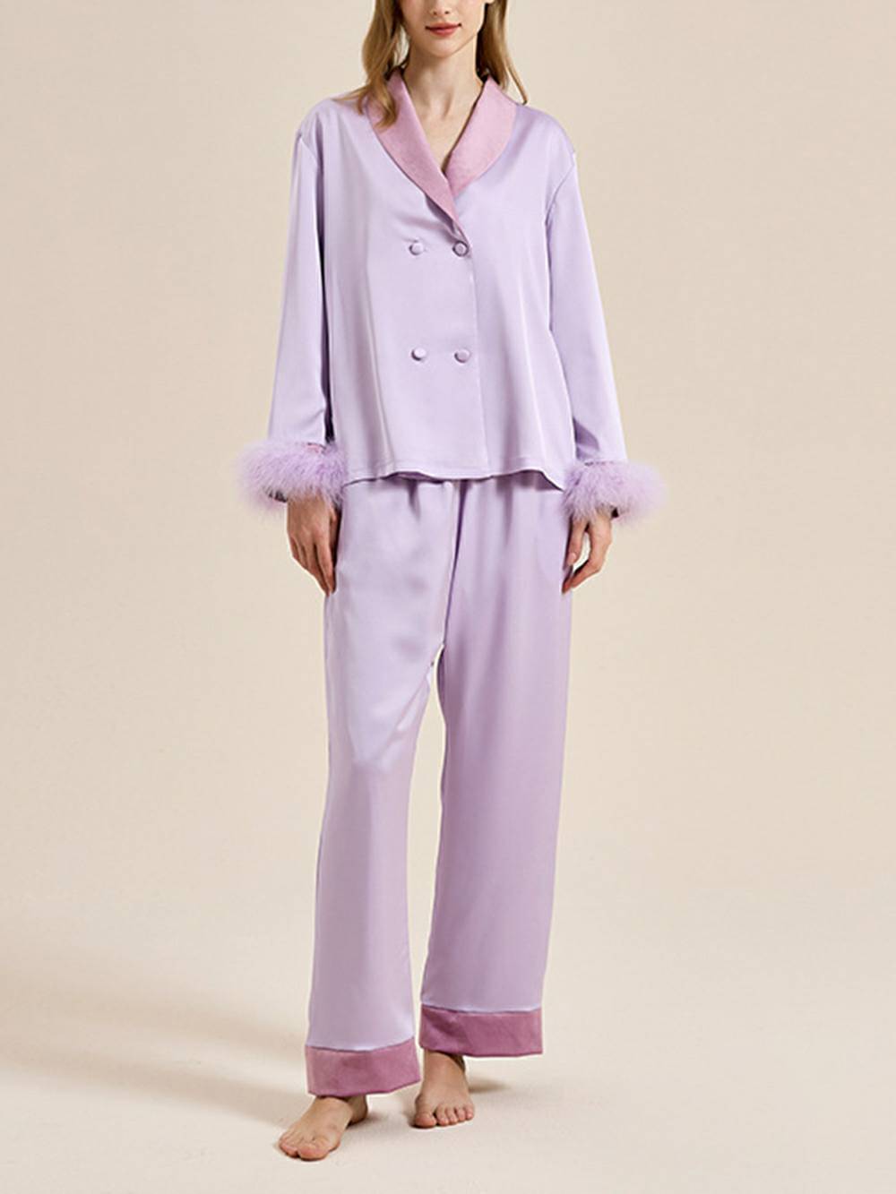 Feather Trim Red Pyjamas Set-Massicos