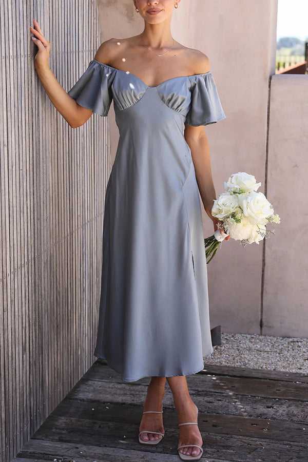 Side Split Midi Dress: Off The Shoulder Flutter Sleeve-Massicos