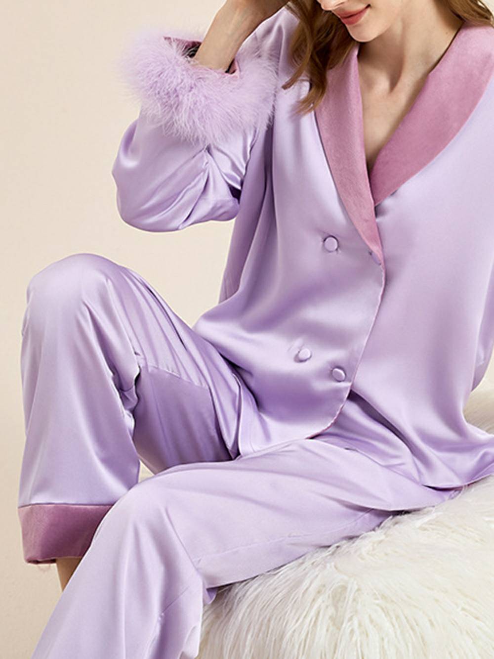 Feather Trim Red Pyjamas Set-Massicos