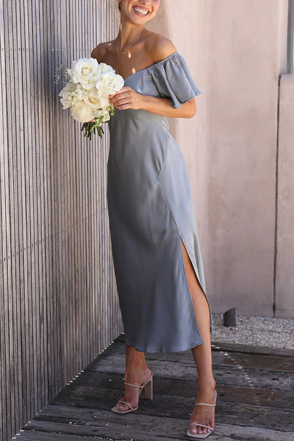 Side Split Midi Dress: Off The Shoulder Flutter Sleeve-Massicos