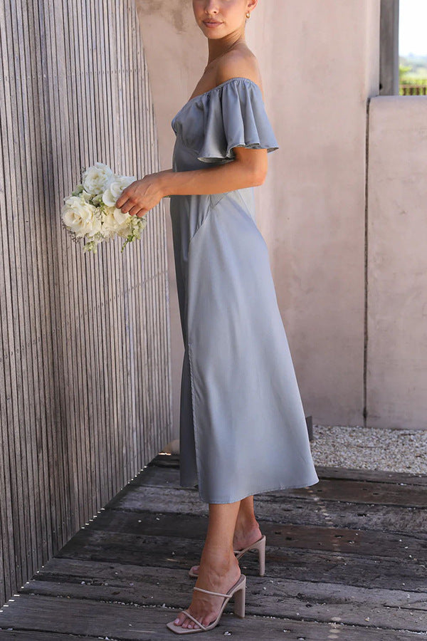 Side Split Midi Dress: Off The Shoulder Flutter Sleeve-Massicos