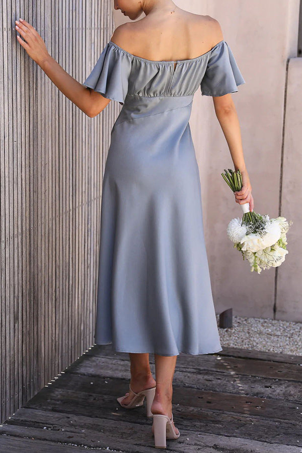 Side Split Midi Dress: Off The Shoulder Flutter Sleeve-Massicos
