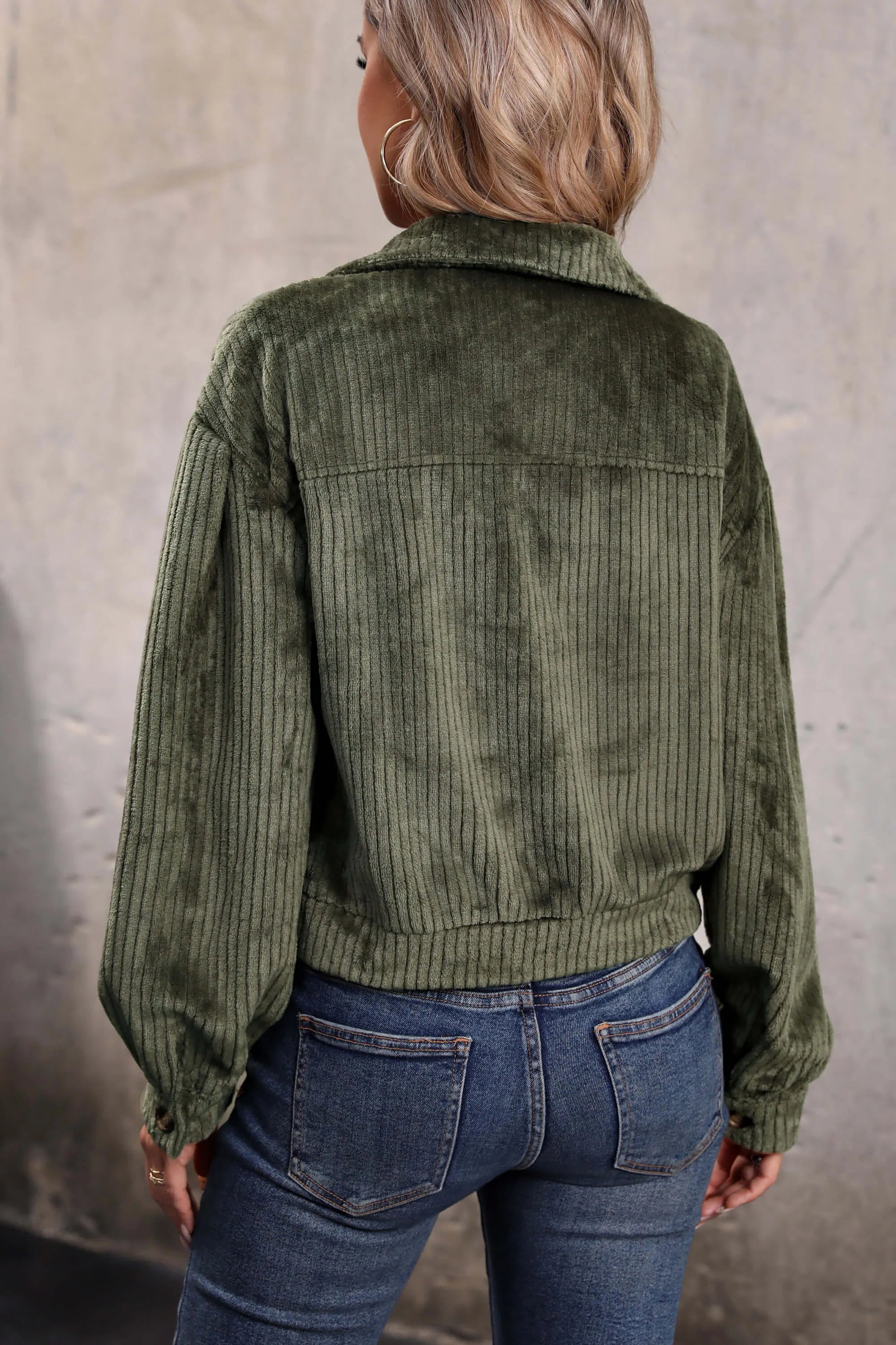 Sabrina Cropped Corduroy Shacket - Olive-ROVOLE