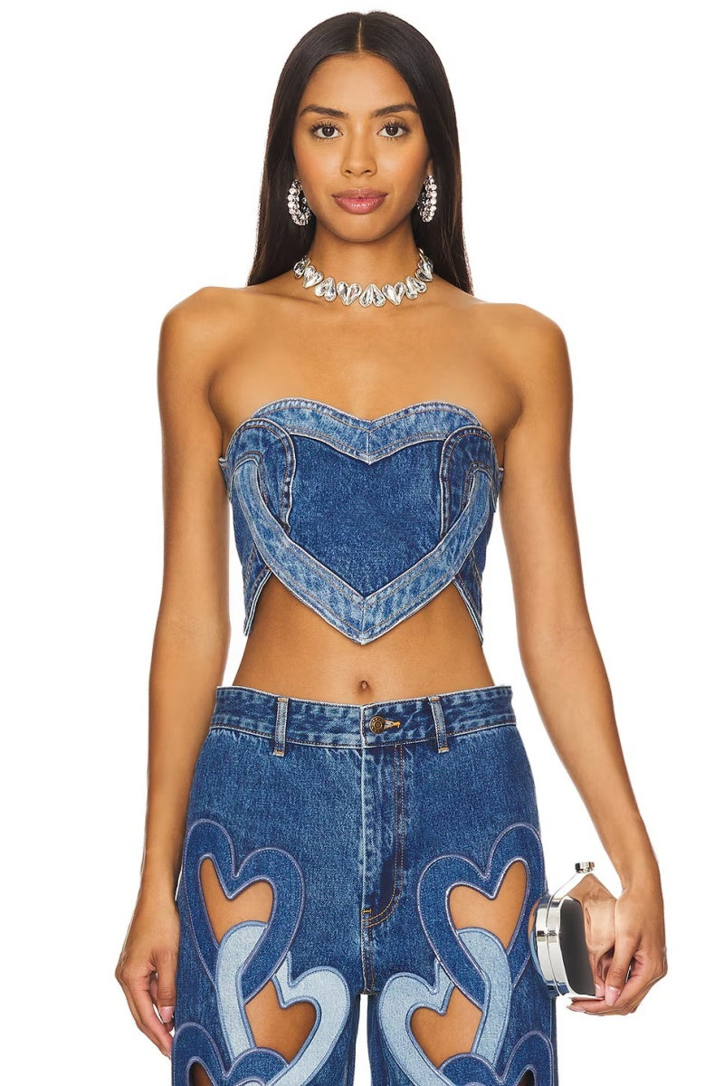 Blue Loving Heart Stitching Sexy Denim Top-ROVOLE