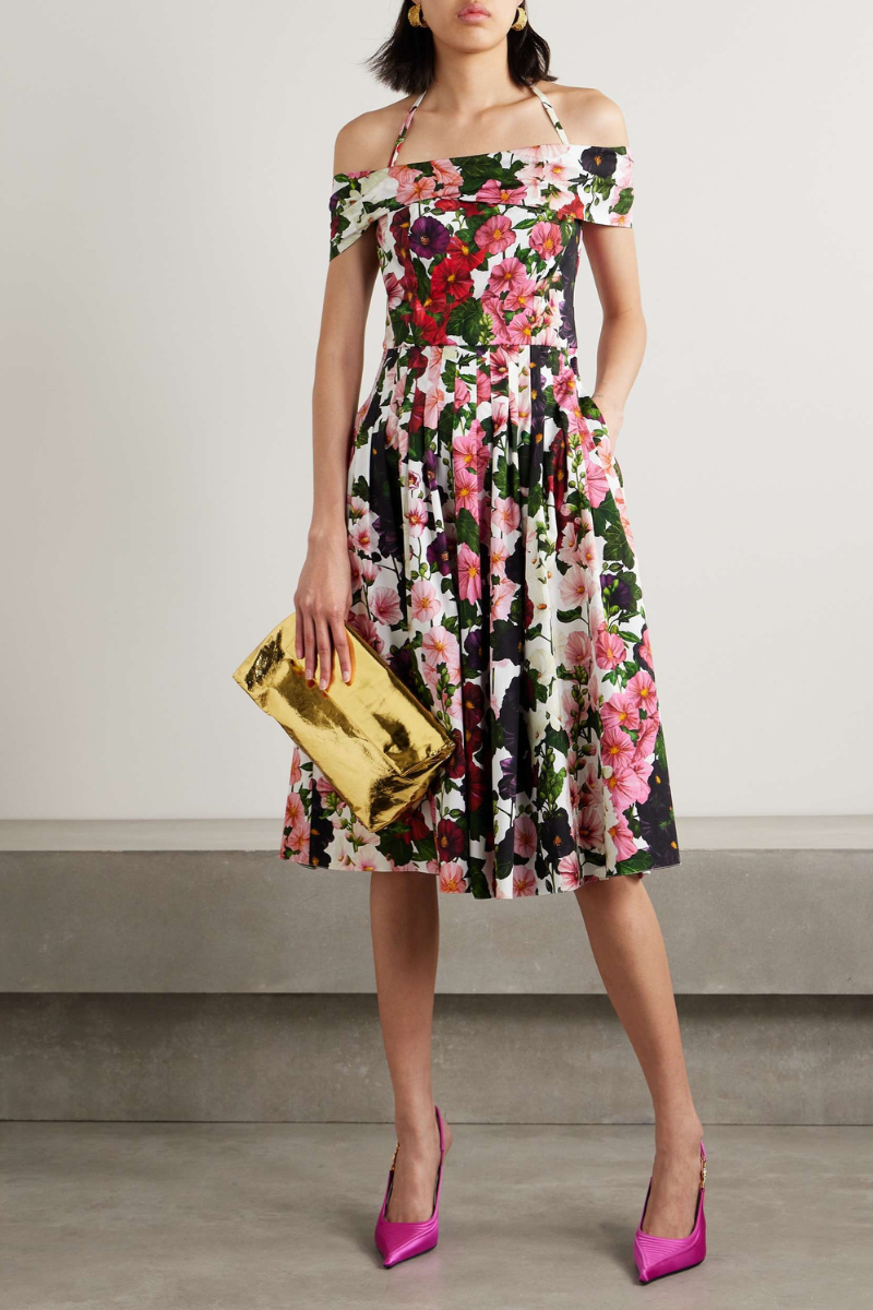 Alianora Off Shoulder Floral Midi Dress-ROVOLE