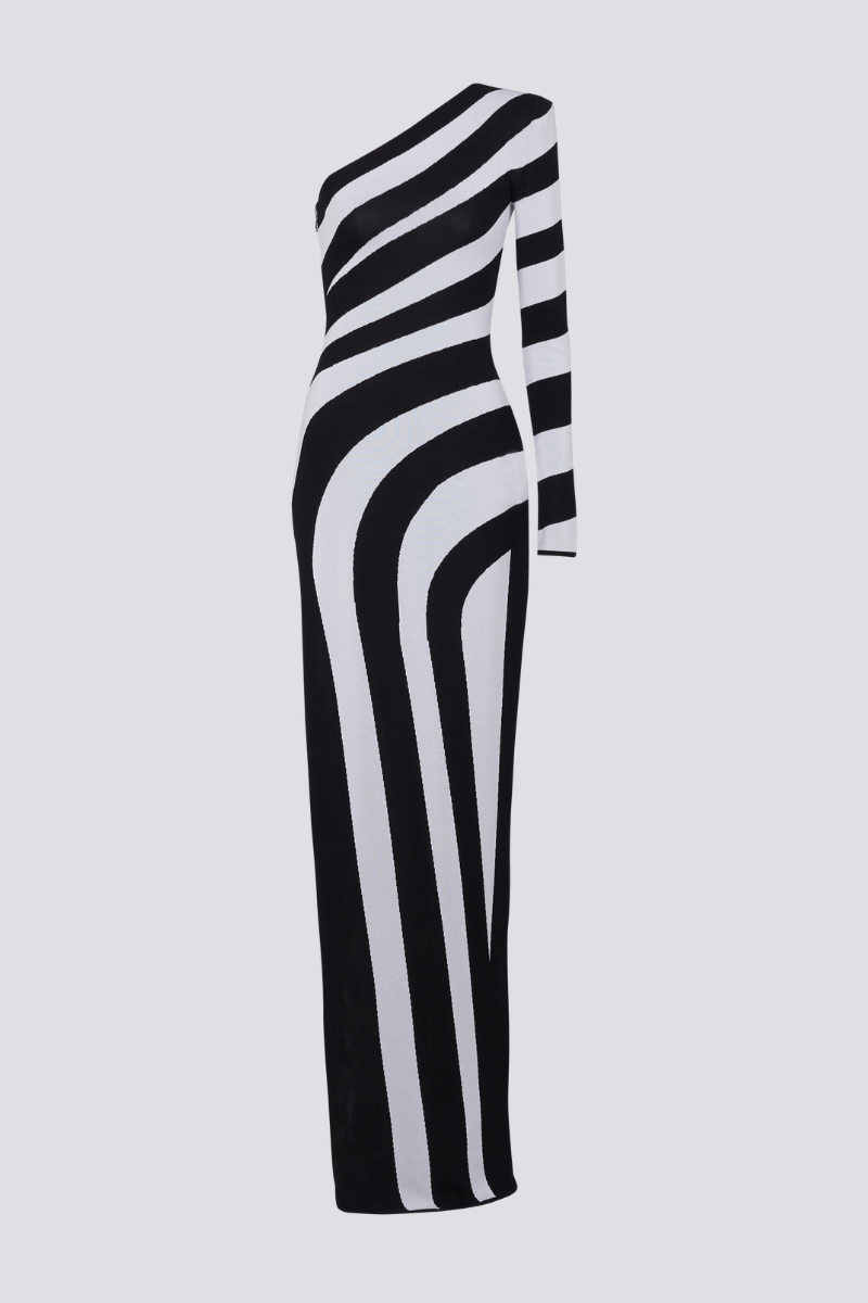 Alizea One Shoulder Slit Asymmetrical Striped Maxi Dress-ROVOLE