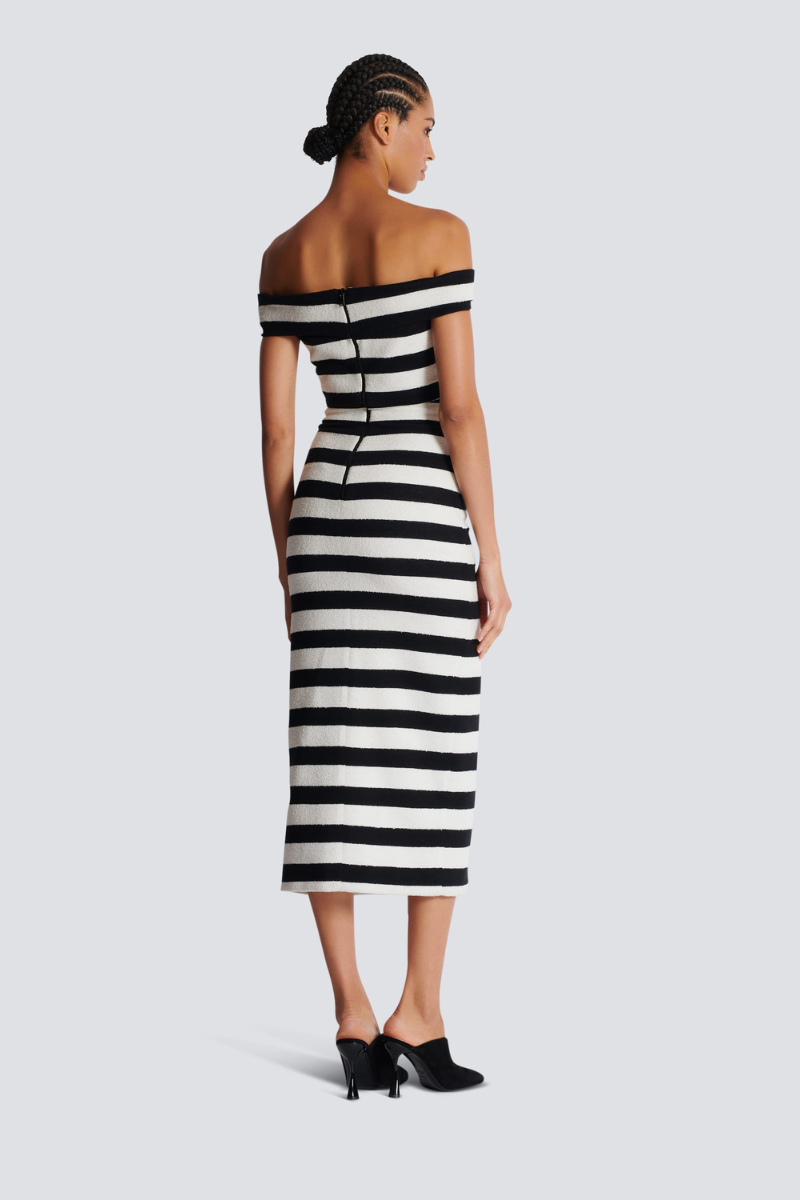 Alizey Off Shoulder Slit Striped Buttoned Skirt Set-ROVOLE