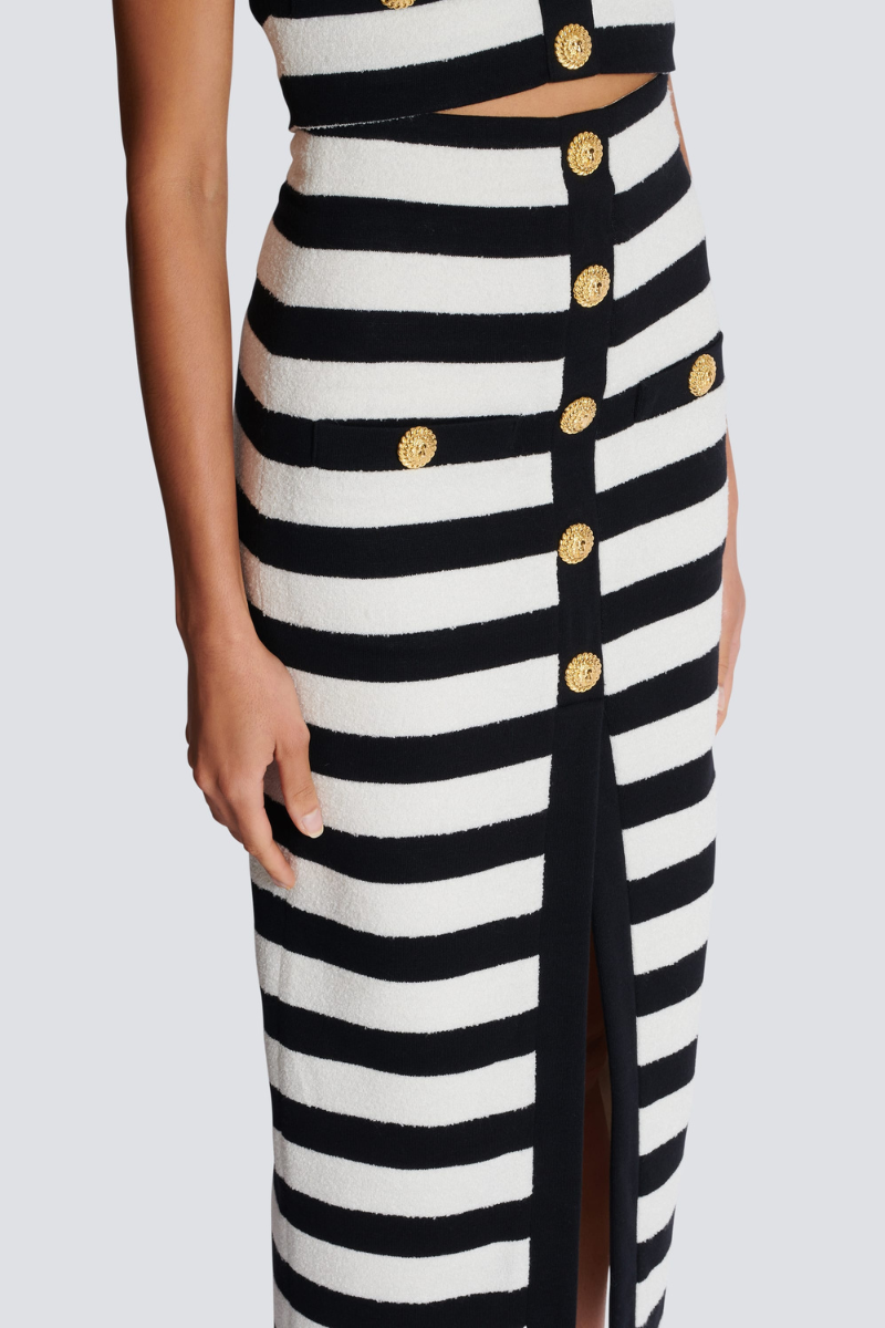Alizey Off Shoulder Slit Striped Buttoned Skirt Set-ROVOLE
