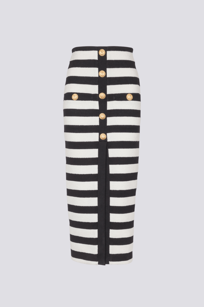 Alizey Off Shoulder Slit Striped Buttoned Skirt Set-ROVOLE