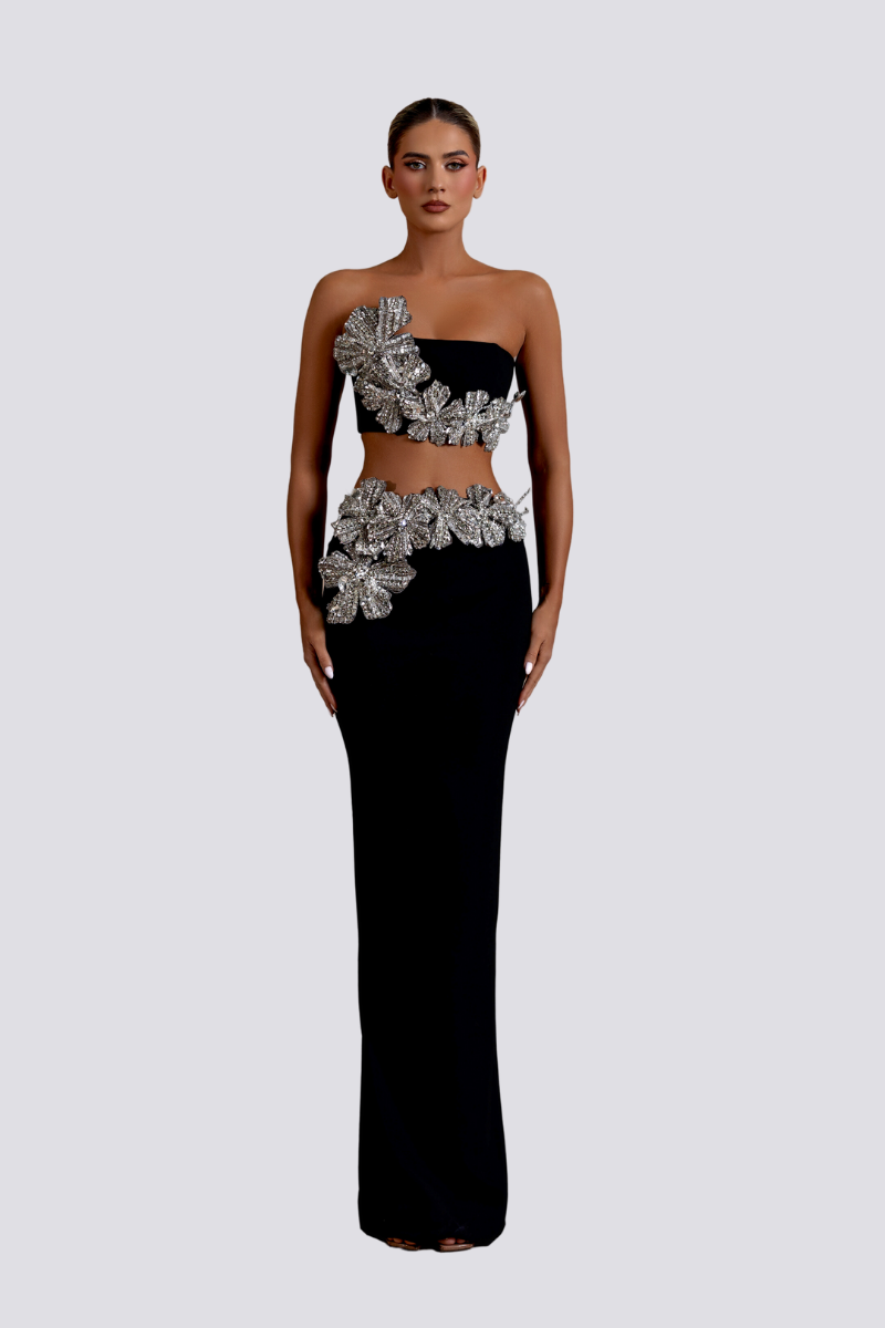 Allese Strapless Floral Rhinestone Skirt Set-ROVOLE