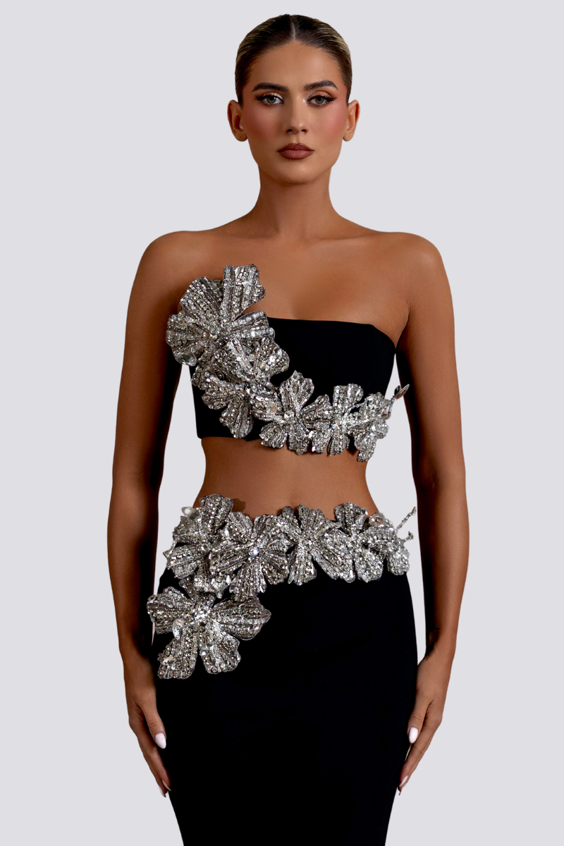 Allese Strapless Floral Rhinestone Skirt Set-ROVOLE