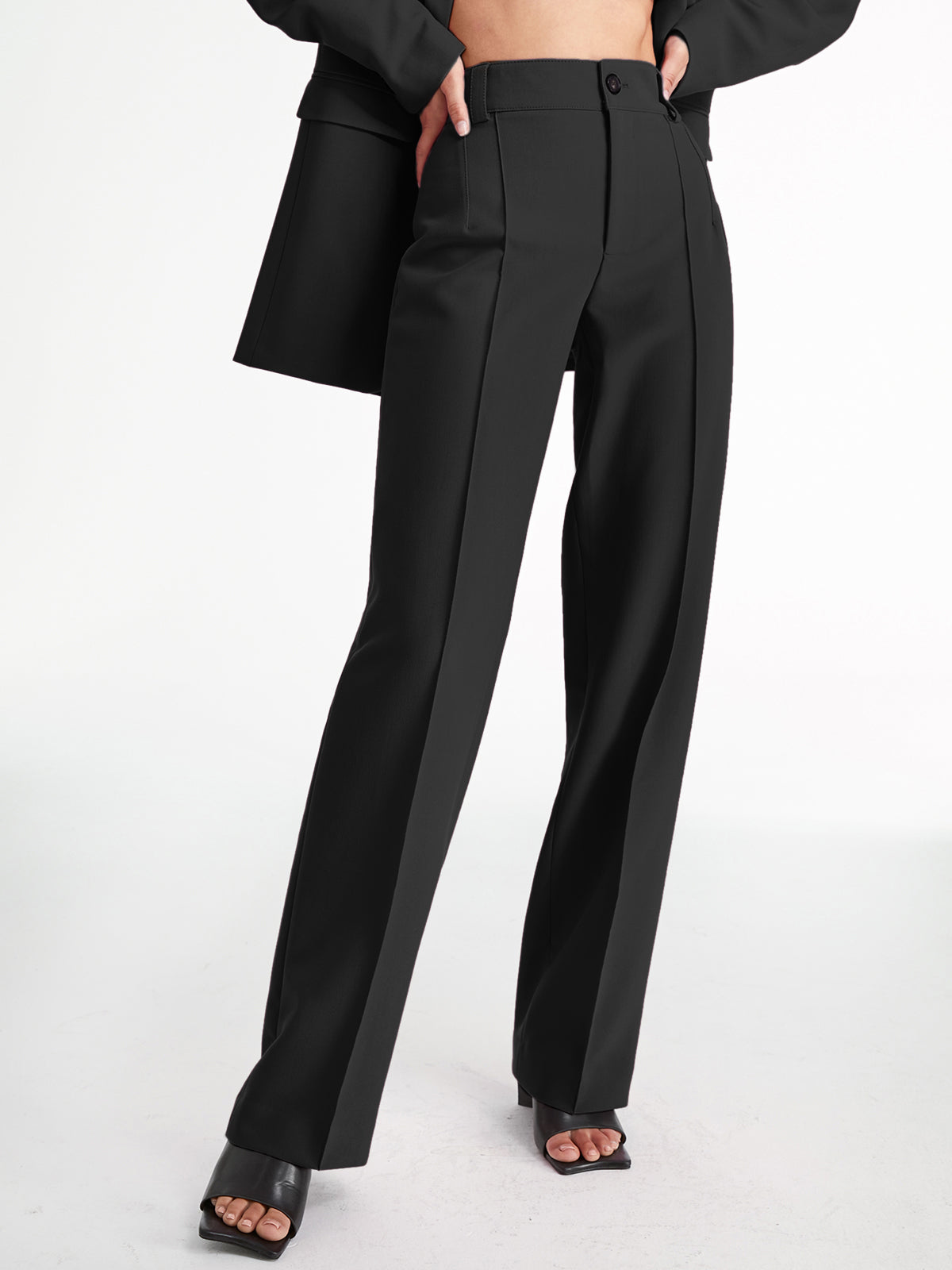 High Waisted Pleat Front Solid Colored Straight Leg Trousers-Massicos