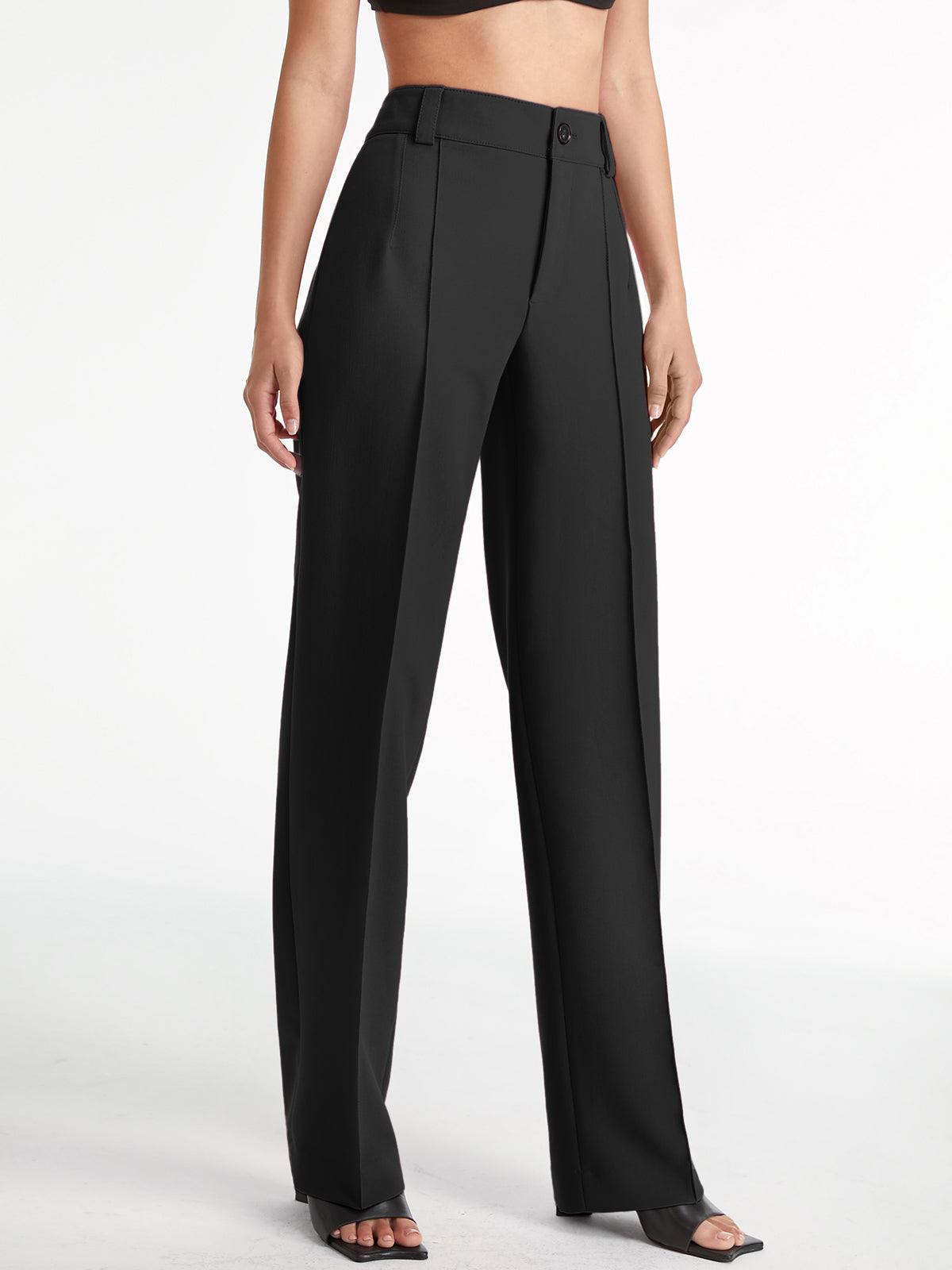 High Waisted Pleat Front Solid Colored Straight Leg Trousers-Massicos