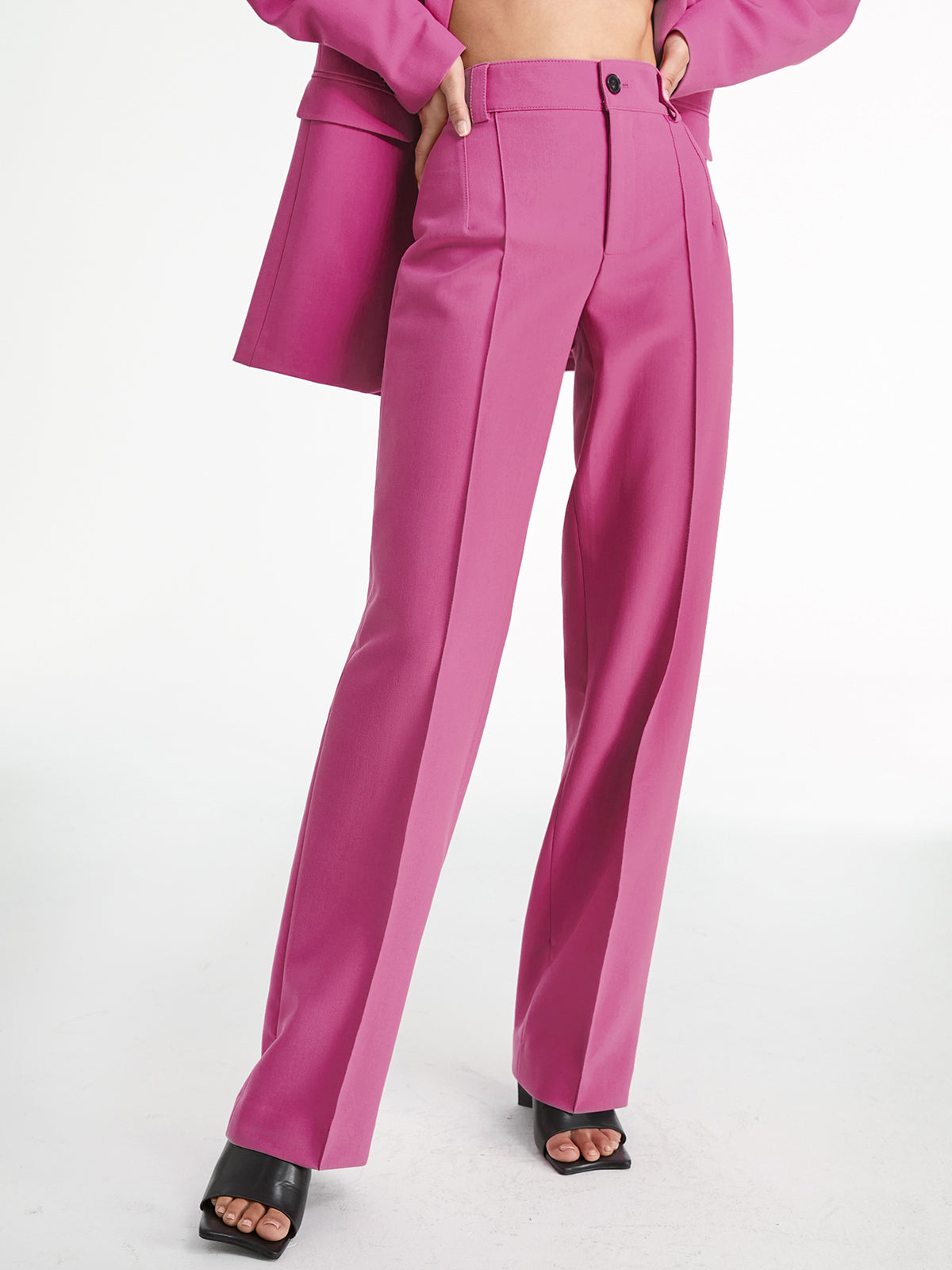 High Waisted Pleat Front Solid Colored Straight Leg Trousers-Massicos