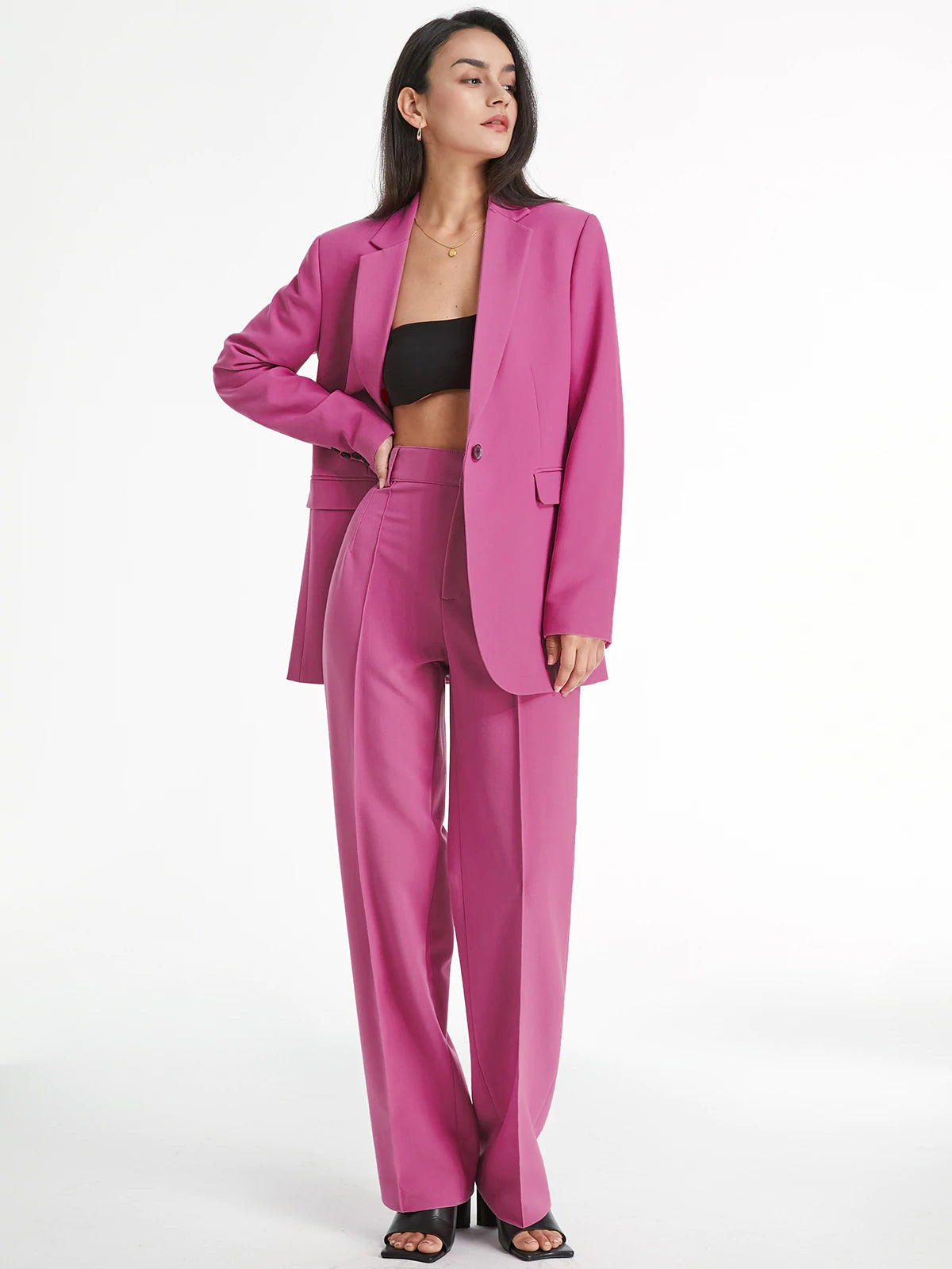 High Waisted Pleat Front Solid Colored Straight Leg Trousers-Massicos