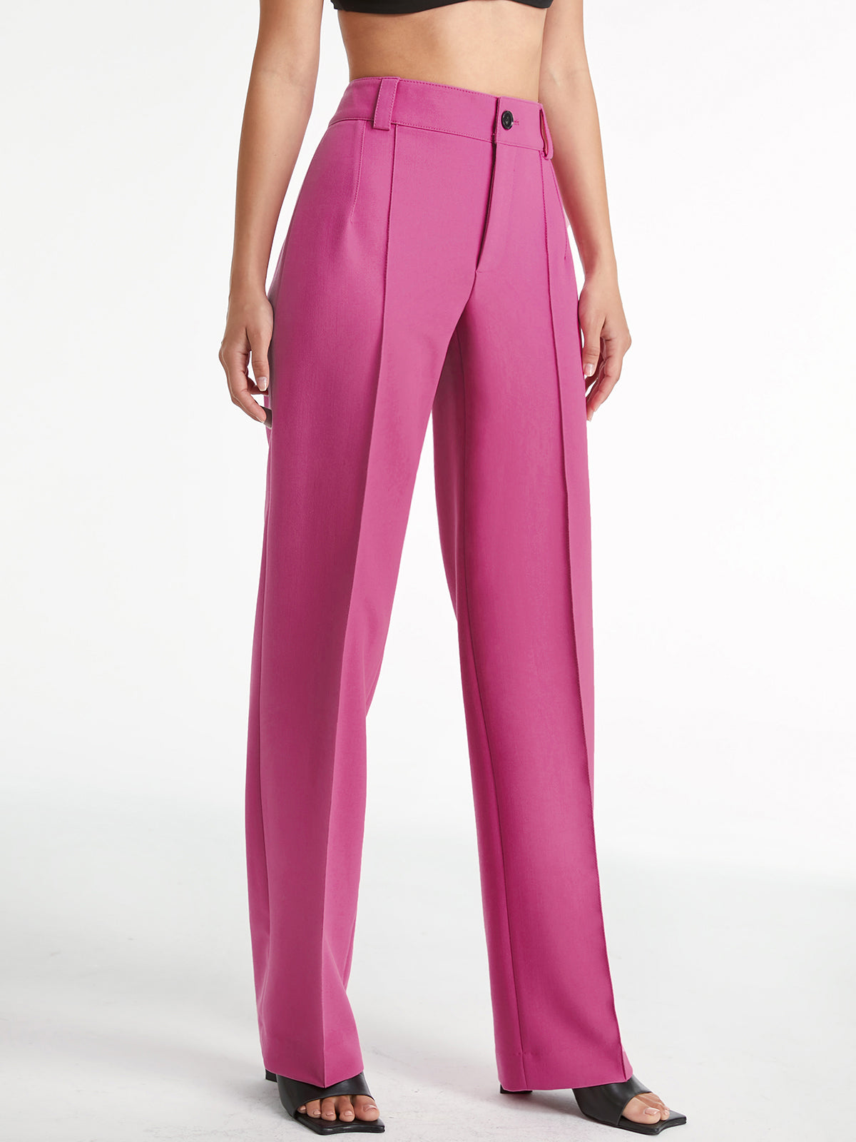 High Waisted Pleat Front Solid Colored Straight Leg Trousers-Massicos