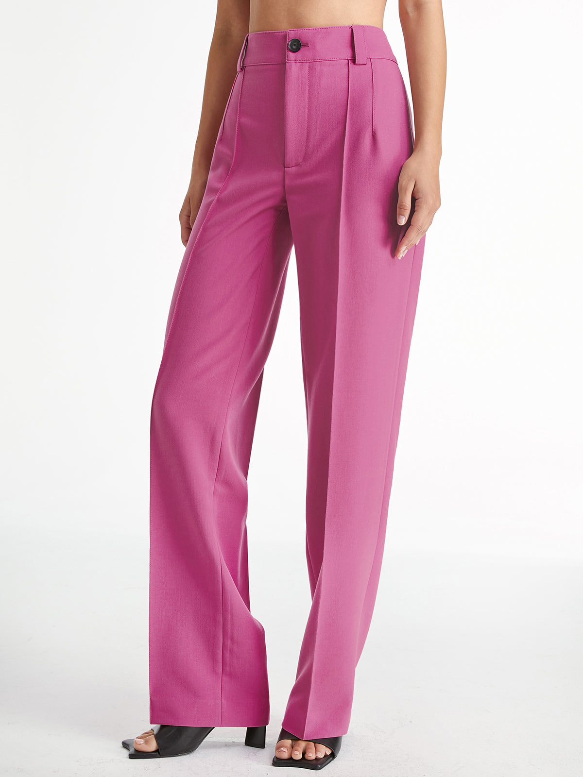 High Waisted Pleat Front Solid Colored Straight Leg Trousers-Massicos