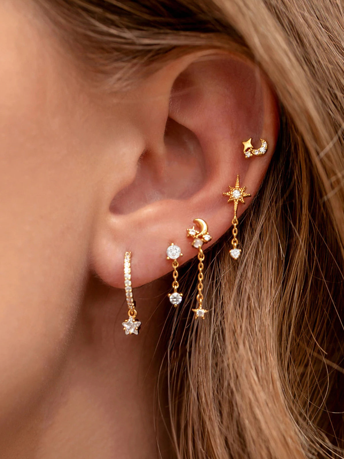 Stars and Moon Earrings-5 Pieces-Massicos