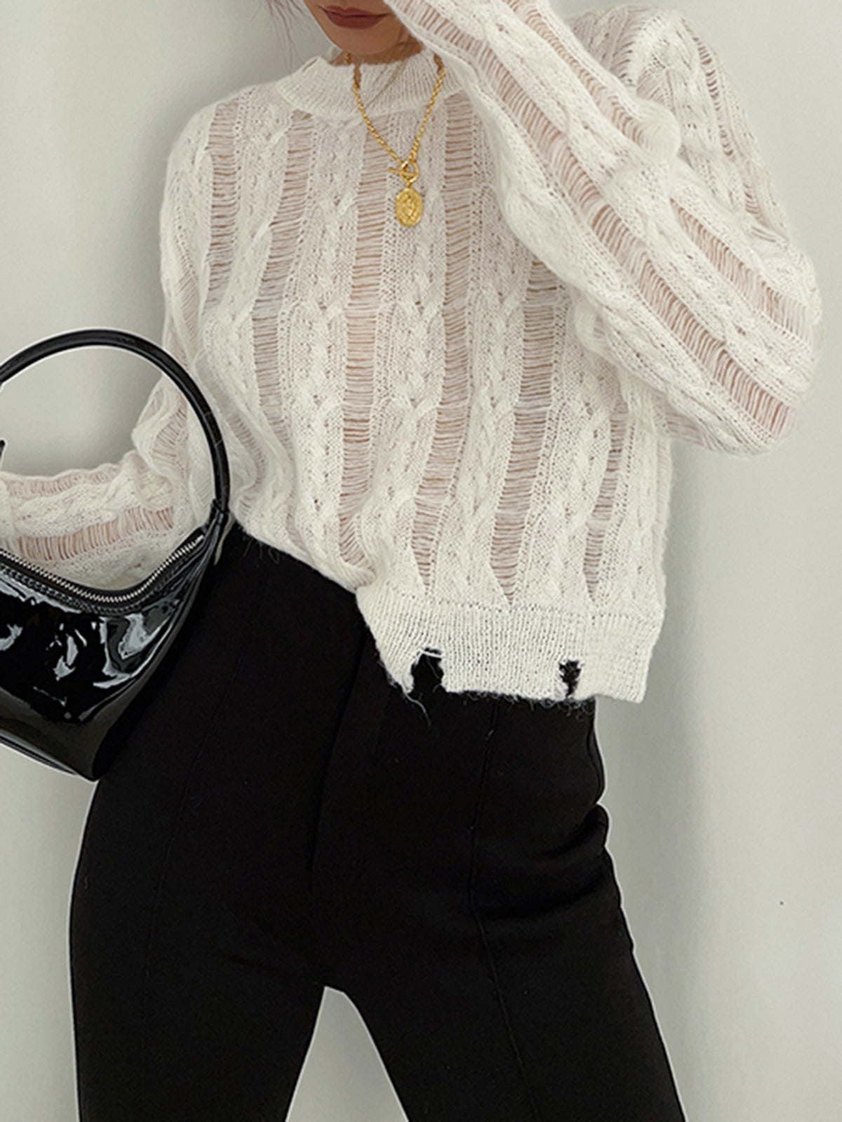 Semi-Sheer Snowflake Crochet Knit Shirt-Massicos