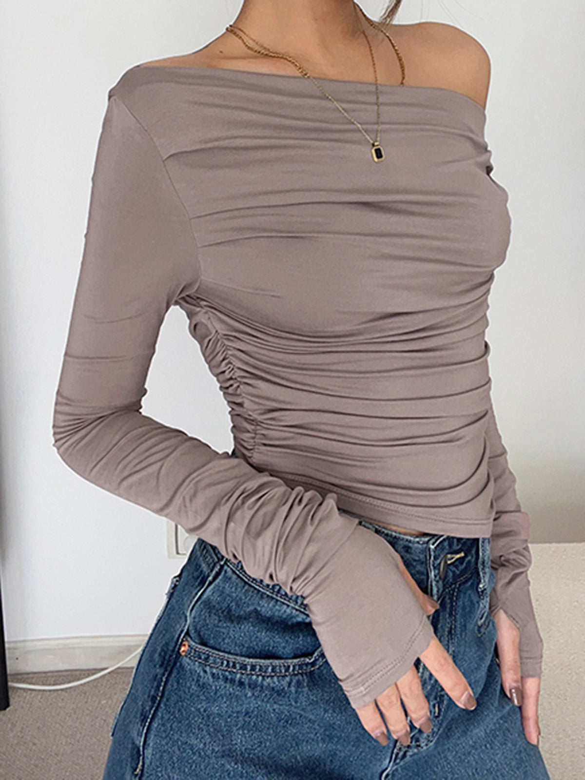 Asymmetrical Off Shoulder Long Sleeve Shirt-Massicos