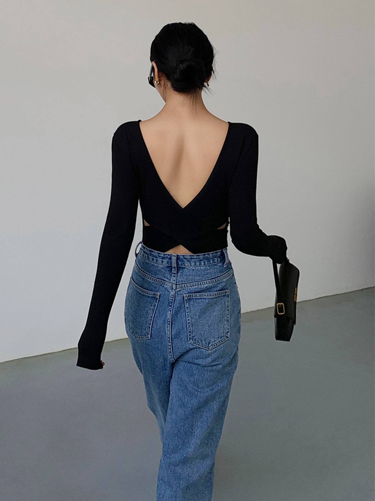 V-Shape Open Back Long Sleeve Shirt-Massicos