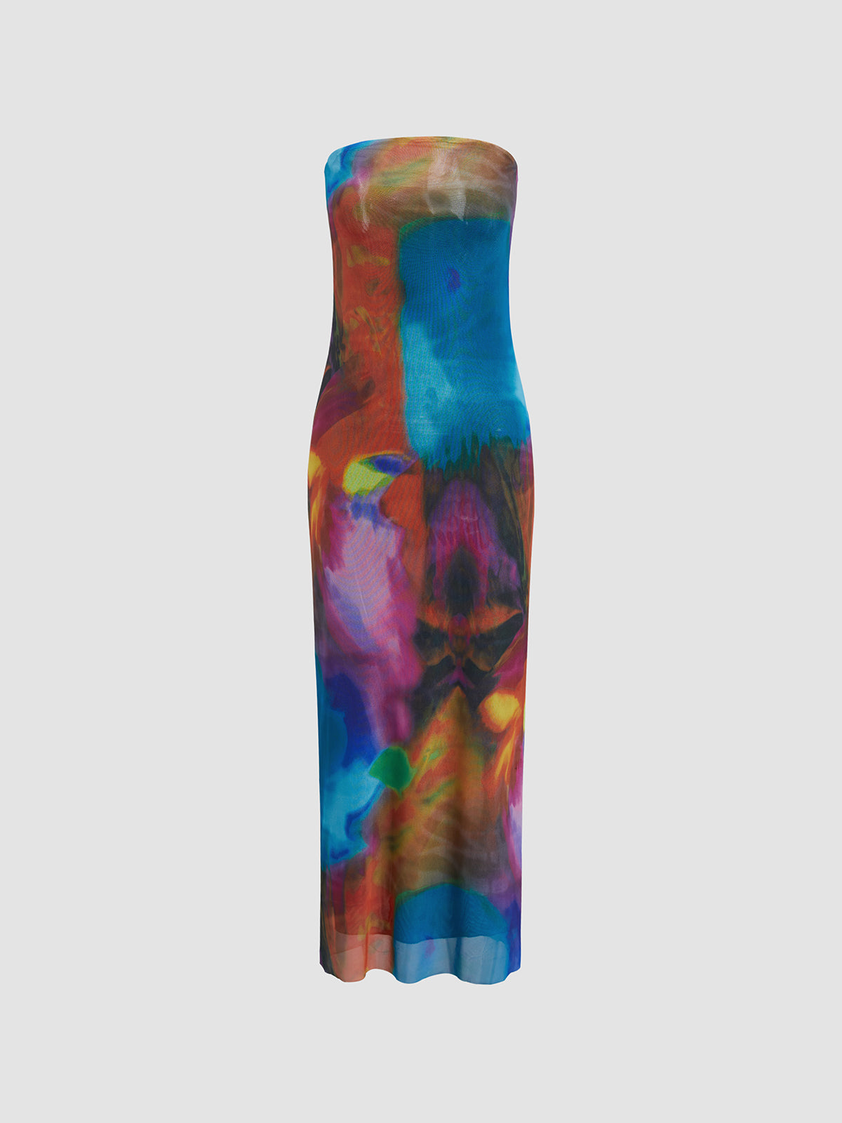 Tulle Printed Mesh Strapless Tube Midi Dress-Massicos