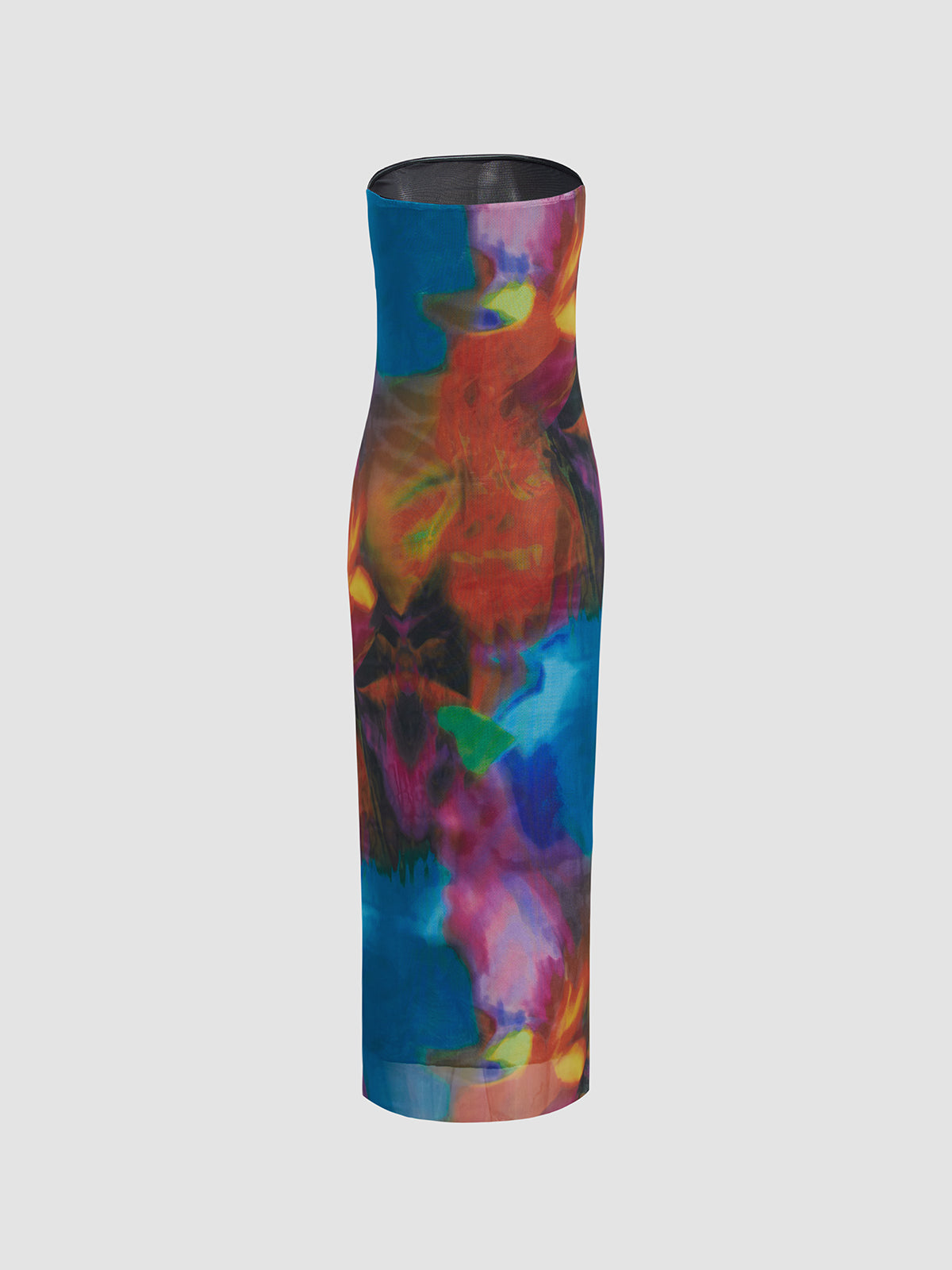 Tulle Printed Mesh Strapless Tube Midi Dress-Massicos