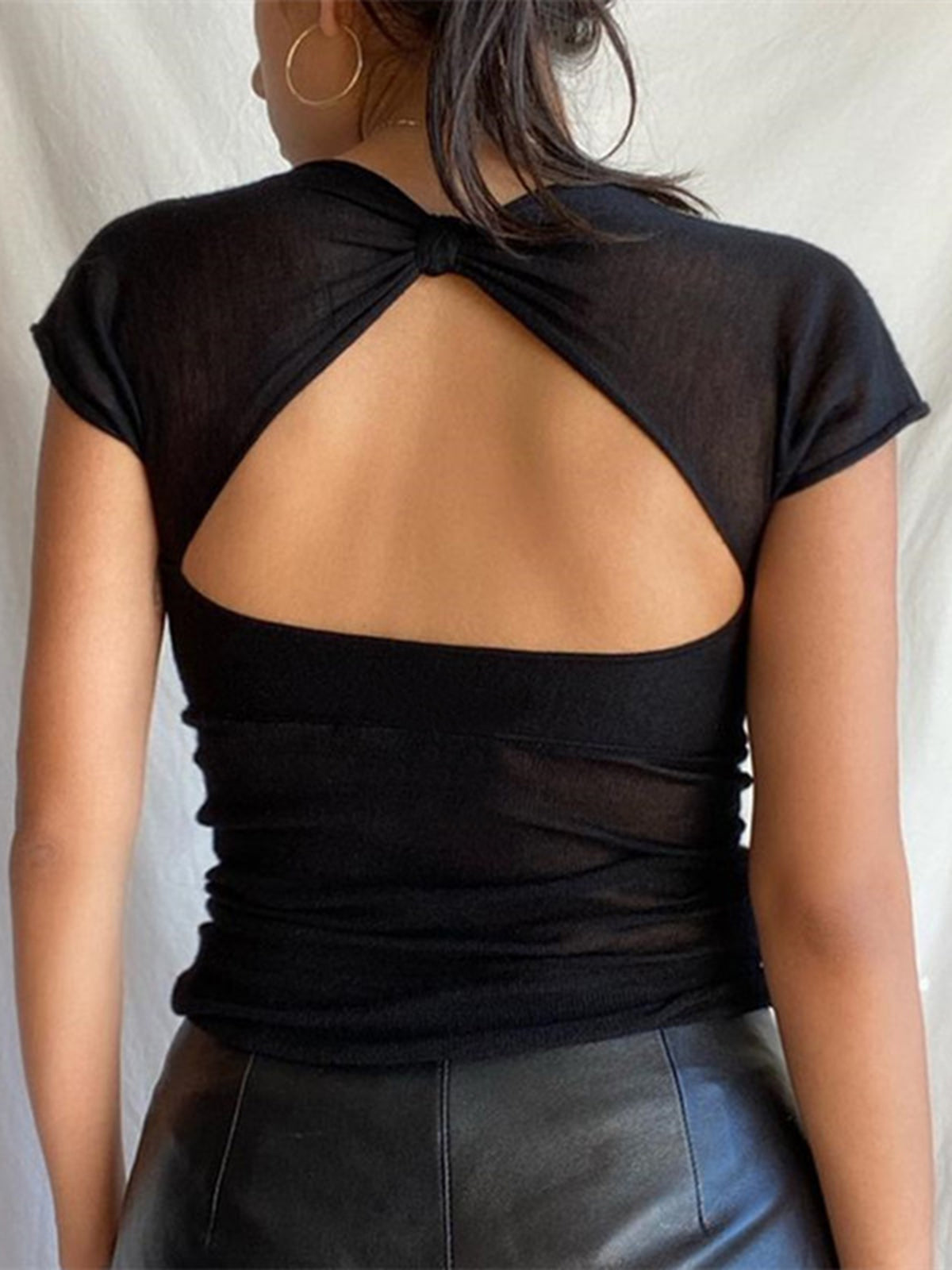 Semi-sheer Mesh Open Back T-shirt-Massicos