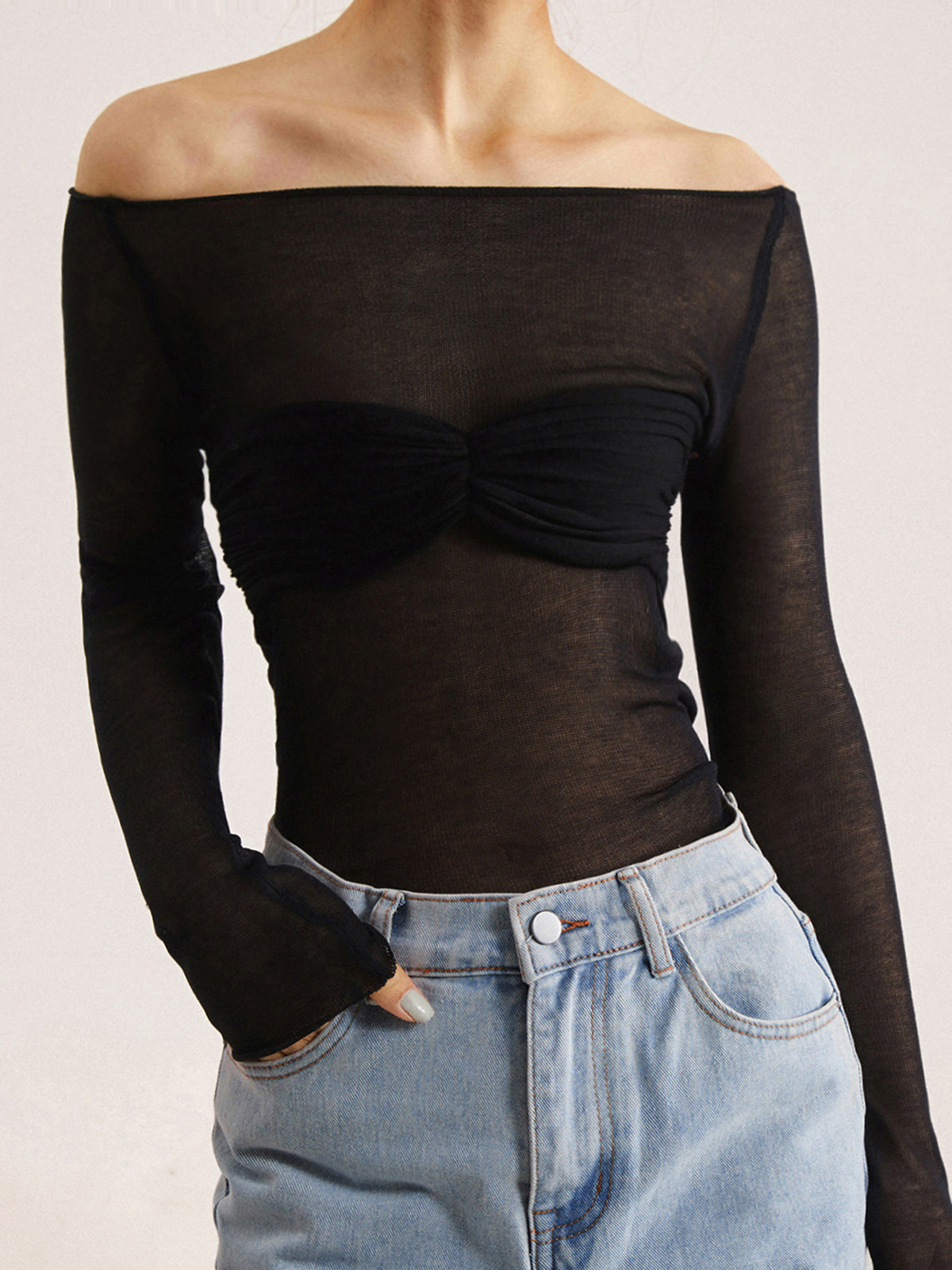 Semi-Sheer Off-Shoulder Mesh Long Sleeve Shirt-Massicos