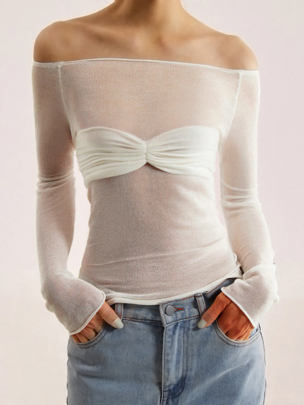 Semi-Sheer Off-Shoulder Mesh Long Sleeve Shirt-Massicos