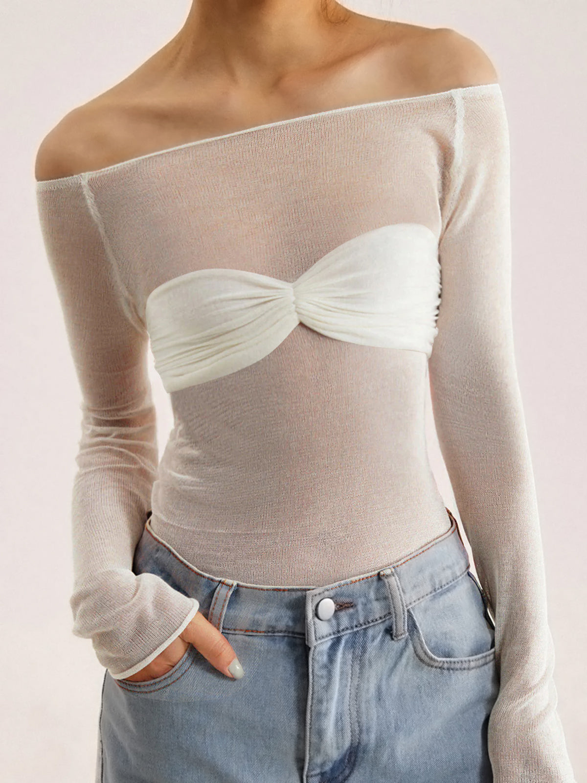 Semi-Sheer Off-Shoulder Mesh Long Sleeve Shirt-Massicos