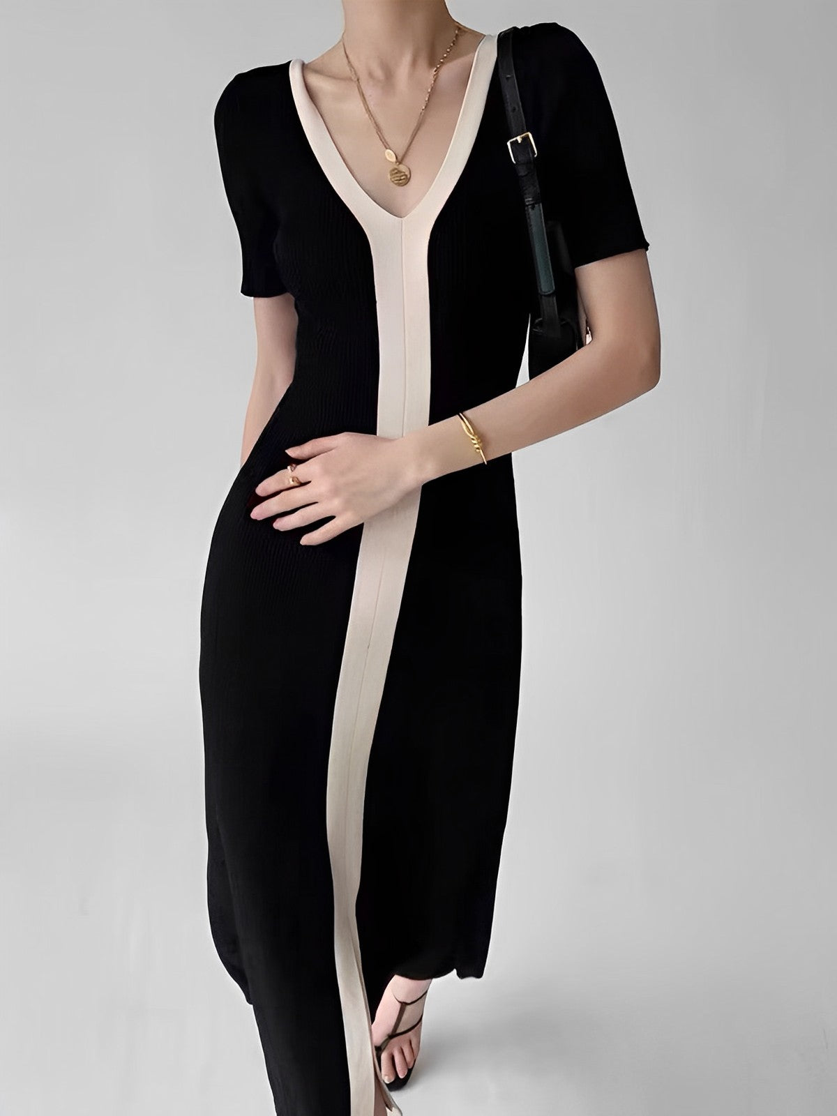 Two Tone V-Neck Knit Slit Midi Dress-Massicos